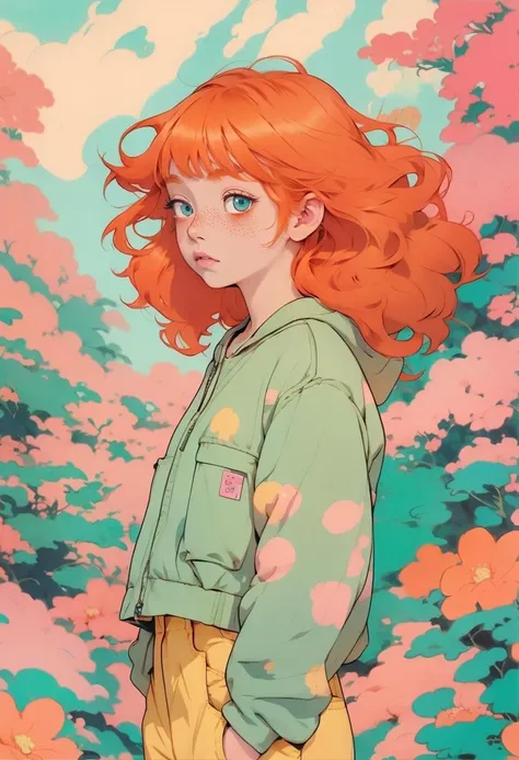 illustration of a ginger girl in a casual clothes, hands in pockets, japanese retro, highly detailed, soft pastel colors, (vaporwave:0.8), anime style, niji,