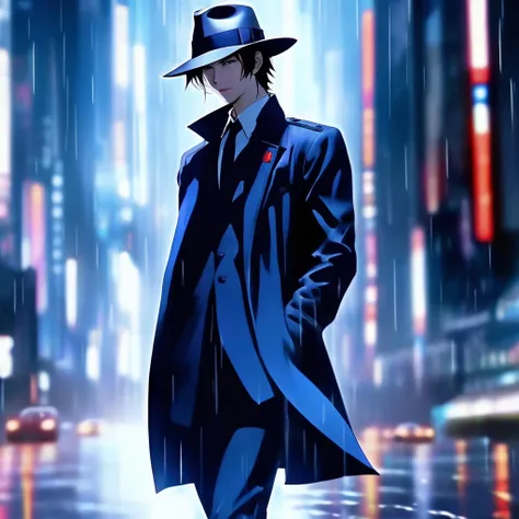 25 year old, (Male:1.2), (Japanese:1.2), Perfect Face, (Perfect Eyes:1.2), serious face, white skin, Short silky hair, brown hair, wind blown hair (Wearing fedora hat:1.2), Shiny skin, (sci fi clothing:1.2), (Soothing style:1.1), Best quality, 8K Sharp, dramatic, atmospheric, Misty, tranquility, Sci fi, Futuristic, Beautiful colors, Masterpiece, hazy, Misty, Skyscrapers background, Standing on runway, dark blue lighting, Neon red lighting, silver lighting, Chrome, Retro, Aesthetic,  Perfect lighting, hazy sky lighting, (Downpour of rain:1.1), Matrix style, Slick, Prototype, Dystopia, Ultra detailed, high quality, (Front facing portrait:1.2), (Manga art:1.2), Anime