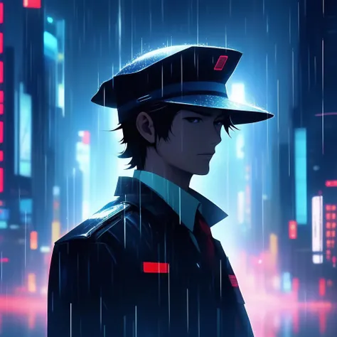 25 year old, (Male:1.2), (Japanese:1.2), Perfect Face, (Perfect Eyes:1.2), serious face, white skin, Short silky hair, brown hair, wind blown hair (Wearing sparkly fedora hat:1.2), Shiny skin, (sci fi clothing:1.2), (Soothing style:1.1), Best quality, 8K Sharp, dramatic, atmospheric, Misty, tranquility, Sci fi, Futuristic, Beautiful colors, Masterpiece, hazy, Misty, Skyscrapers background, Blue Voxel columns, Standing on runway, dark blue lighting, Neon red lighting, silver lighting, Chrome, Retro, Aesthetic, Perfect lighting, hazy sky lighting, (Downpour of rain:1.1), Matrix style, Slick, Prototype, Dystopia, Ultra detailed, high quality, (Front facing portrait:1.2), (Manga art:1.2)
