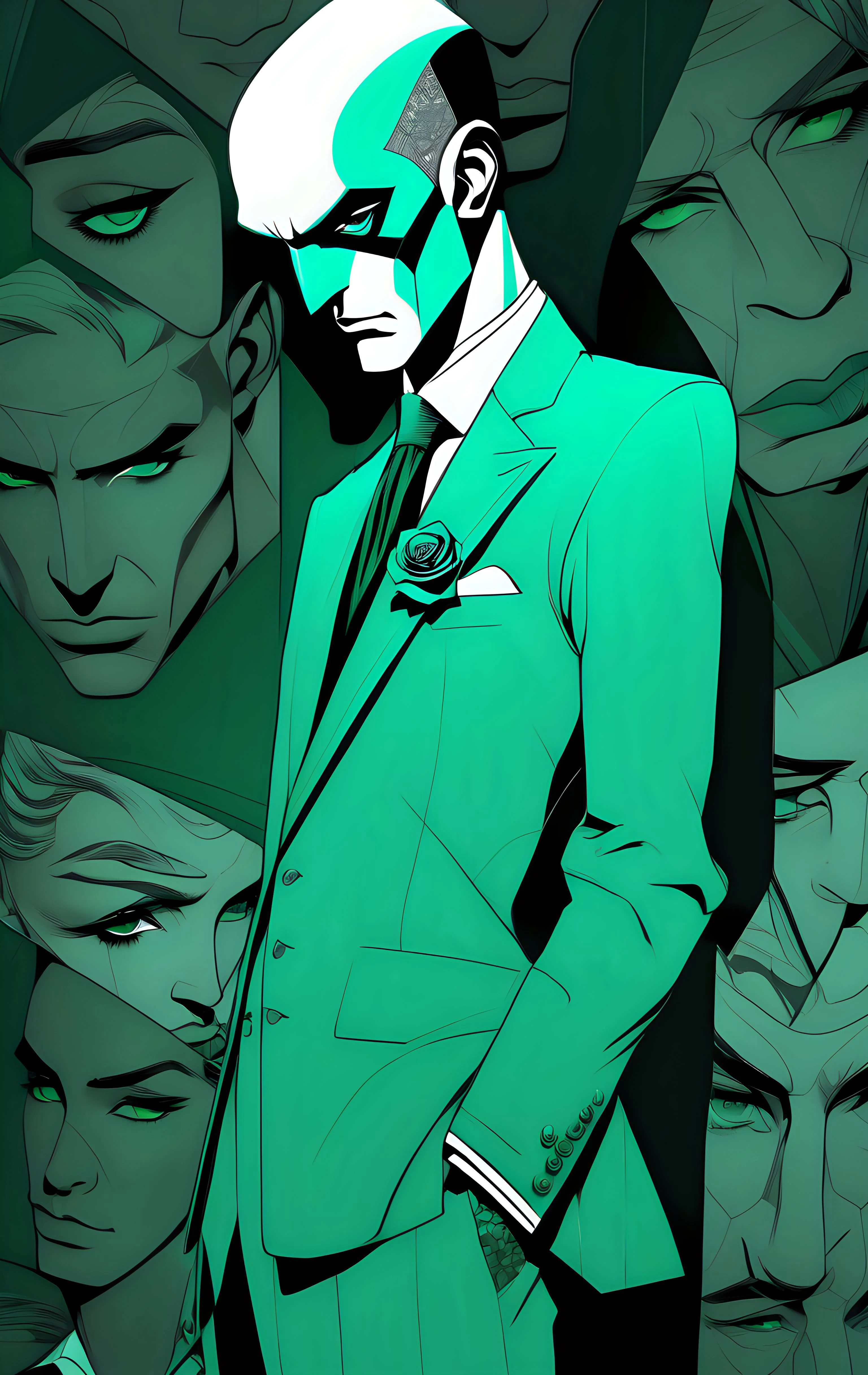 line art drawing male Immersive Experience Designer, AI Entities, Self-aware Artificial Intelligence with high-level cognitive abilities, Hundred years old Slender, Maori, Dark green eyes, Cupped Ears, Curved Nose, Tapered Chin, Full Cheeks, High Forehead, , Rose Gold Modern slicked-back undercut hair, Sadness,, Tense Crouch, Character crouches low with arms tensed, prepared for a sudden action., wearing Patchwork Eyelet Dark gray Reactive Smart Fabric Pants, Tweed Pinstripe Turquoise Holo-Lace Vest, , Bionic Fedora, and and and, Sitting with legs crossed, appearing relaxed and open-minded,
Ultra High Resolution, wallpaper, 8K,Rich texture details, hyper detailed, detailed background, high contrast, sharp focus,detailed eyes, . professional, sleek, modern, minimalist, graphic, line art, vector graphics