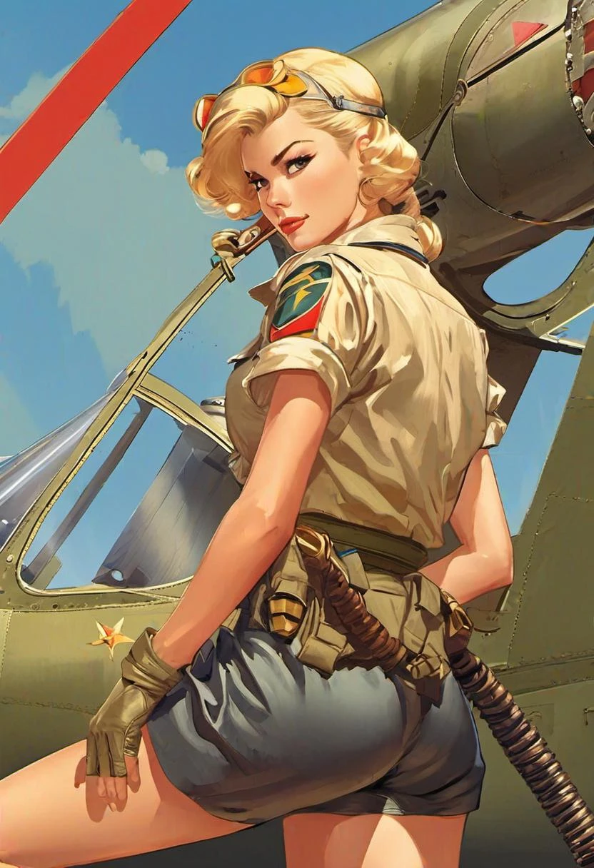 Female Fighter Pilot, Blonde, WW2, waist back view, akimbo, art by J.C. Leyendecker . anime style, key visual, vibrant, studio anime, highly detailed