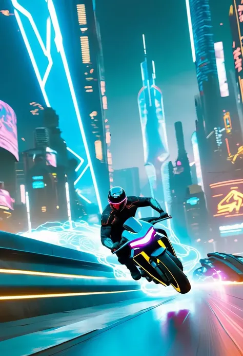 Man riding Tron light cycle through cyberpunk 2077 cityscapes