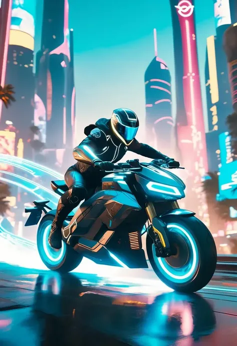 Close up, Man riding Tron light cycle through cyberpunk 2077 cityscapes