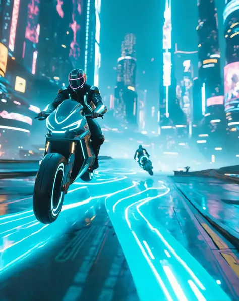 Man riding Tron light cycle through cyberpunk 2077 cityscapes