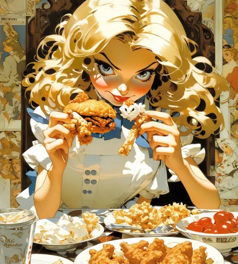 Anime artwork, Disney Alice in Wonderland, annoyed girl, eating KFC chicken, art by Makoto Shinkai, art by J.C. Leyendecker