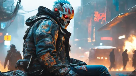 (best quality, masterpiece, perfect face, beautiful and aesthetic:1.2, colorful, dynamic angle, highest detailed face), In a cinematic scene, a futuristic old punk man, showcases a high blue crest on his head as he stands defiantly in a filthy, glowing artificial tattoos, post-apocalyptic street, clad in a rugged leather jacket, tight torn denim jeans, and grungy biker boots. He takes a leisurely drag from a cigarette while a sleek robot cybernetic dog watches over the surroundings. The ambiance is that of a dystopian film, with flickering flames from a nearby fire camp casting an eerie glow.high contrast, official art, extreme detailed, highest detailed)