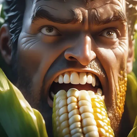 (best quality), (masterpiece), epic cinematic organic photorealistic macro shot of ((man's face made of corn)), Physically based render, FULL COLOR, background is MIRROR, shallow depth of field, back-light, film grain, Iphone X, Low shutter, Film grain