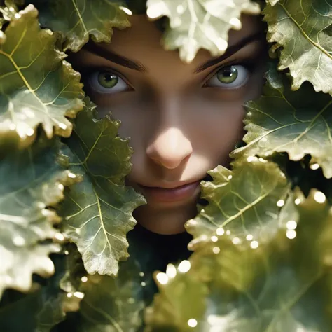 (best quality), (masterpiece), epic cinematic organic photorealistic macro shot of ((girl's face made of grape leaves)), Physically based render, FULL COLOR, background is MIRROR, shallow depth of field, back-light, film grain, Iphone X, Low shutter, Film grain