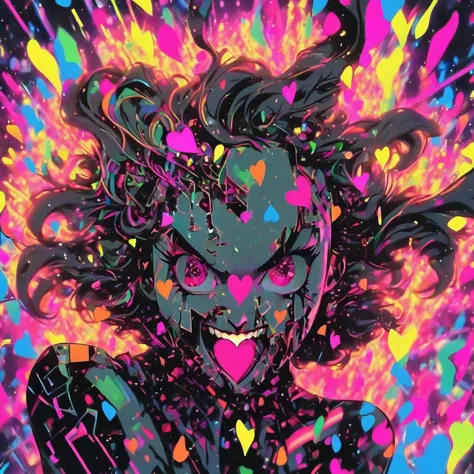 1girl, rage, insanity, smoke, neon, (hearts) splatter, poster, high concept, masterpiece, headshot, fractal, disintegration, mosaic
