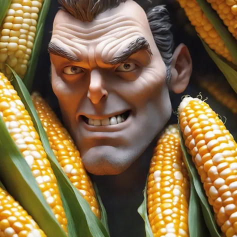 (best quality), (masterpiece), epic cinematic organic photorealistic macro shot of ((man's face made of corn)), Physically based render, FULL COLOR, background is MIRROR, shallow depth of field, back-light, film grain, Iphone X, Low shutter, Film grain