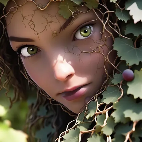 (best quality), (masterpiece), epic cinematic organic photorealistic macro shot of ((girl's face made of grape vines)), Physically based render, FULL COLOR, background is MIRROR, shallow depth of field, back-light, film grain, Iphone X, Low shutter, Film grain