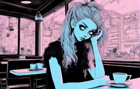 anime girl in the coffee shop, flammarion engraving, in pastel goth style, noir injections, Olga Borodkina, Kamome Shirahama, color pop
