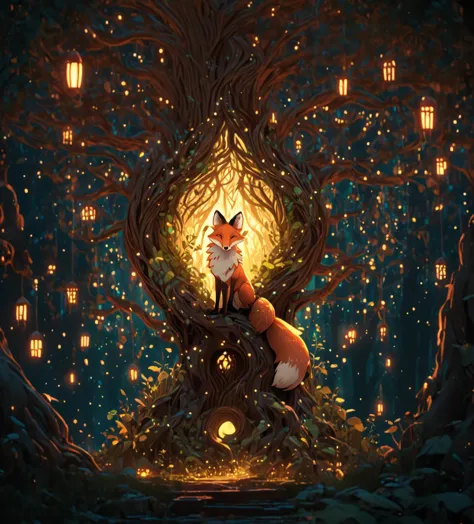 illustration, A magical fox creature with 3 tails stand looking at A large trunk of a magical world tree (Yggdrasil) with round doors and windows in a dense forest at night, fairies flying around, glowing plants, magical, art style of Jeremy Fenske, trending on artstation, vibrant, sharp details, 8k resolution