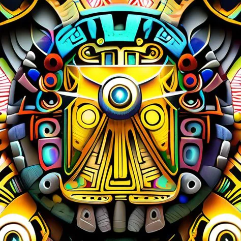 a colorful picture of a circular object with many lights and shapes in it, yellow center, Android Jones, highly detailed digital art, generative art, Aztec <lora:AbstractPortrait_50_R:1>, steel thread, 25 layers deep, back lit, detailed, full view, in focus, on a complex stone wall of a mountain,