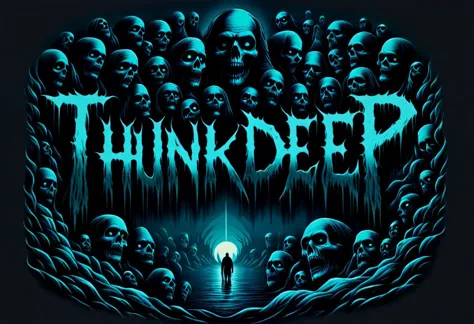 Horror-themed <lora:Harrlogos_v1.1:1> text logo 'THUNKDEEP' <lora:TShirtDesignRedmondV2-Tshirtdesign-TshirtDesignAF:0.8> T shirt design, TshirtDesignAF . Eerie, unsettling, dark, spooky, suspenseful, grim, highly detailed