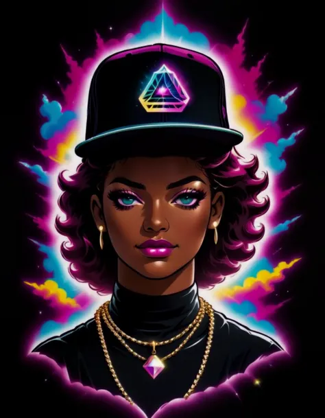 <lora:TShirtDesignRedmondV2-Tshirtdesign-TshirtDesignAF:0.8> T shirt design, TshirtDesignAF <lora:SkeletoNaut-000009:0.6> Vaporwave Fitted Cap, Tons of Jewelry Astral Aura, bling <lora:LogoRedmondV2-Logo-LogoRedmAF:1> , logo, logoredmaf, (Thick Border Liners:1.0), gangsta bitch!