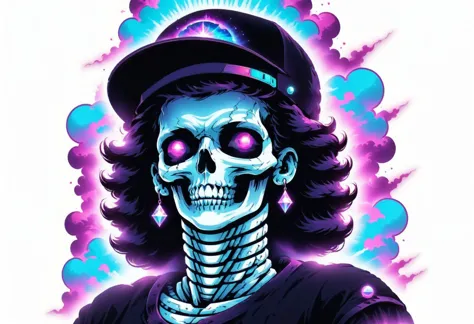 Horror-themed ((neutral white background)),<lora:TShirtDesignRedmondV2-Tshirtdesign-TshirtDesignAF:0.8> T shirt design, TshirtDesignAF <lora:SkeletoNaut-000009:0.6> Vaporwave Fitted Cap, Tons of Jewelry Astral Aura, bling <lora:LogoRedmondV2-Logo-LogoRedmAF:1> , logo, logoredmaf, . Eerie, unsettling, dark, spooky, suspenseful, grim, highly detailed