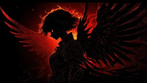 masterpiece, silhouette face is shown in the dark,coming from the dark, a greyscale, monochrome, black ink, line art, vector, anime, photo,, anime style Beautiful girl in armor. Ideal figure. Beautiful face. Red hair .Angel Wings, Golden armor. In full growth. Anime. Long legs. High Details. 8k. Dramatic Lighting.