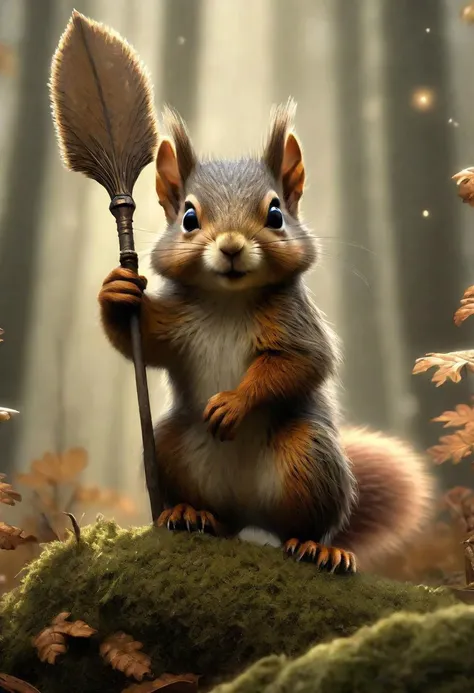 illustration of a little magical cute forest creature. The creature IS holding a spear. fantasy art, intricate details, style Jean - Baptiste Monge, style Alan Lee, anthropomorphic squirrel , scene from a , dramatic shot angle, atmospheric particles, Real, raw cinematic photorealism, action portrait, 8k, detailed, centered, full frame<lora:xl_more_art-full_v1:0.5>