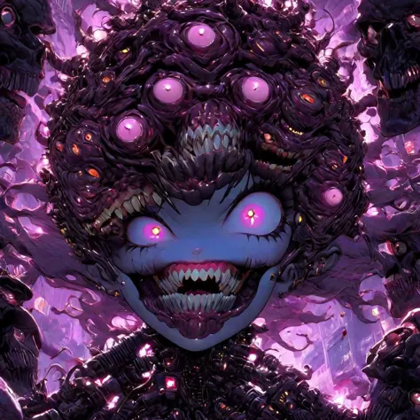 Cyborg maiden horror, evil, huge, nightmarish, eerie, grotesque, horrifying, very scary, monstercore, horrorcore, spacecore, spine chilling, hyperdetailed, photorealistic, dynamic lighting, psycho style, inspired by pinterest art and nijijourney, trending on artstation