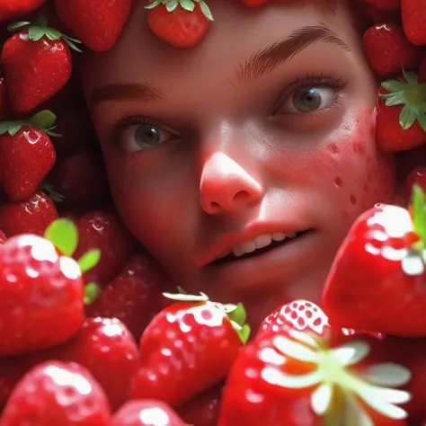 (best quality), (masterpiece), epic cinematic organic photorealistic macro shot of ((girl's face made of strawberries)), Physically based render, FULL COLOR, background is MIRROR, shallow depth of field, back-light, film grain, Iphone X, Low shutter, Film grain