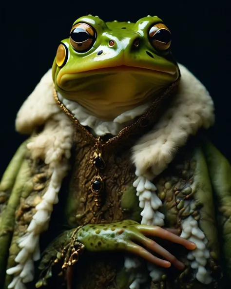 Ultra-realistic 8k, masterpiece, portrait of a Frog wears a high detailed ermine coat, hold a white ermine in his arm, look to side, pitch black dark night, (((no lights))), Leonardo da Vinci painting style, surrounding is dirty, beautiful intricately and detailed, DOF, Dusty air, <lora:add_detail:1> <lora:Inquisition_v1:0.8>