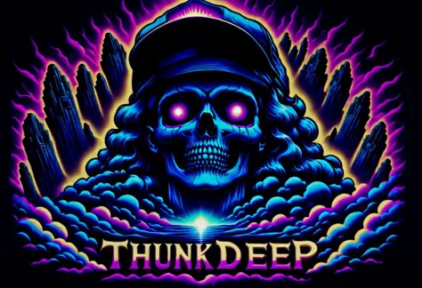 Horror-themed <lora:Harrlogos_v1.1:1> text logo 'THUNKDEEP' <lora:TShirtDesignRedmondV2-Tshirtdesign-TshirtDesignAF:0.8> T shirt design, TshirtDesignAF <lora:SkeletoNaut-000009:0.6> Vaporwave Fitted Cap, Tons of Jewelry Astral Aura, bling . Eerie, unsettling, dark, spooky, suspenseful, grim, highly detailed