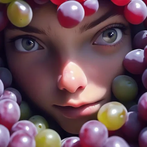 (best quality), (masterpiece), epic cinematic organic photorealistic macro shot of ((girl's face made of grapes)), Physically based render, FULL COLOR, background is MIRROR, shallow depth of field, back-light, film grain, Iphone X, Low shutter, Film grain