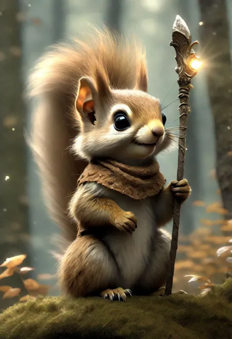 illustration of a little magical cute forest creature. The creature IS holding a spear. fantasy art, intricate details, style Jean - Baptiste Monge, style Alan Lee, anthropomorphic squirrel , scene from a , dramatic shot angle, atmospheric particles, Real, raw cinematic photorealism, action portrait, 8k, detailed, centered, full frame<lora:xl_more_art-full_v1:0.5>