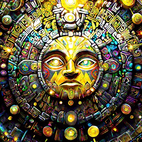 a colorful picture of a circular object with many lights and shapes in it, yellow center, Android Jones, highly detailed digital art, generative art, Aztec <lora:AbstractPortrait_50_R:1>, steel thread, 25 layers deep, back lit, detailed, full view, in focus, on a complex stone wall of a mountain,