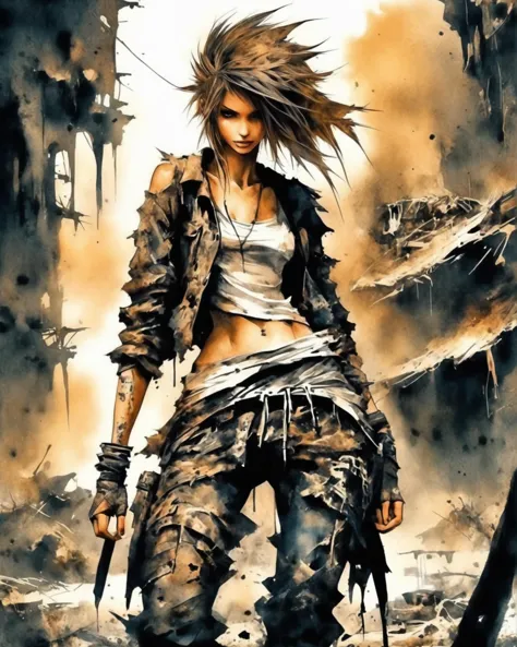 beautiful slender young woman in tattered clothes with exposed midriff, Post-Apocalyptic, UHD, dark fantasy, watercolor
