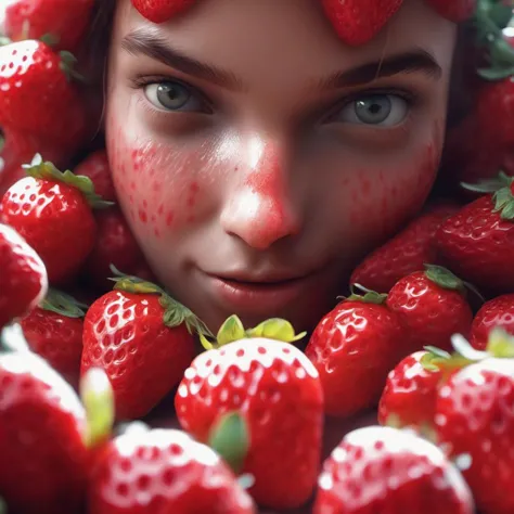 (best quality), (masterpiece), epic cinematic organic photorealistic macro shot of ((girl's face made of strawberries)), Physically based render, FULL COLOR, background is MIRROR, shallow depth of field, back-light, film grain, Iphone X, Low shutter, Film grain