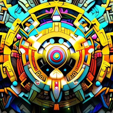 a colorful picture of a circular object with many lights and shapes in it, yellow center, Android Jones, highly detailed digital art, generative art, Aztec <lora:AbstractPortrait_50_R:1>, steel thread, 25 layers deep, back lit, detailed, full view, in focus, on a complex stone wall of a mountain,