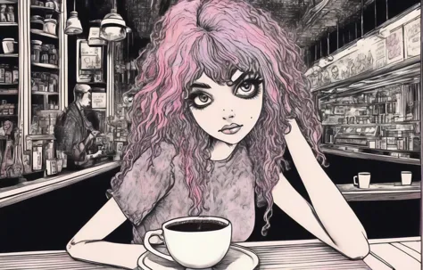 anime girl in the coffee shop, flammarion engraving, in pastel goth style, noir injections, Olga Borodkina, (Kamome Shirahama:1.4), color pop