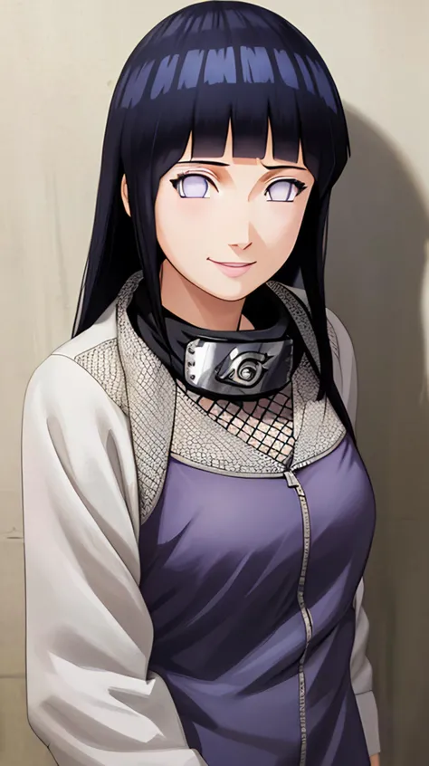 masterpiece, best quality, high res, hinata\(shippuden\), headband around neck,konohagakure symbol,fishnets, hinata, 1girl, portrait, realistic, side lighting, wallpaper, masterpiece, best quality, highres, hm2b,Blue eyes, looking at viewer, smile,   <lora:Hinata[Shippuden][V1]:1>, <lora:add_detail:0.5>,
