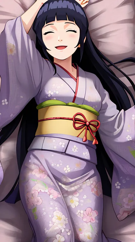 masterpiece, absurdres, 1girl, hinata\(shippuden\), japanese clothes, kimono, floral print, looking at viewer, smile, closed eyes, ^ ^, <lora:Hinata[Shippuden][V1]:1>