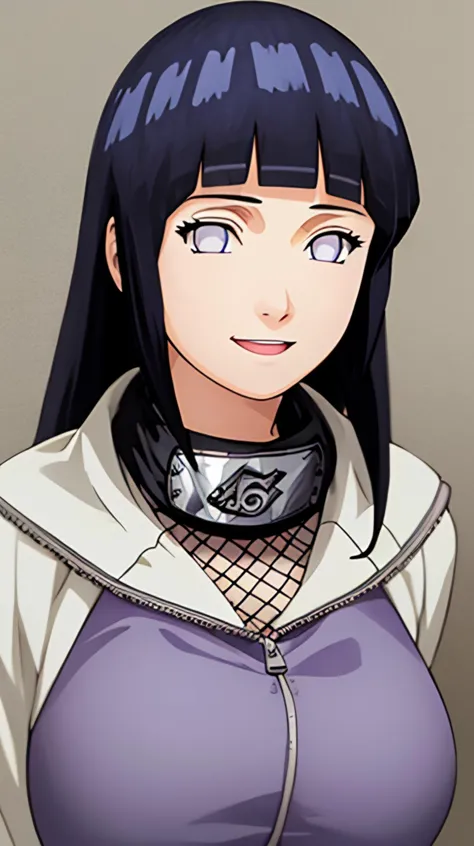 masterpiece, best quality, high res, hinata\(shippuden\), headband around neck,konohagakure symbol,fishnets, hinata, 1girl, portrait, realistic, side lighting, wallpaper, masterpiece, best quality, highres, hm2b,Blue eyes, looking at viewer, Excitement, big breasts, smile, <lora:Hinata[Shippuden][V1]:1>, <lora:add_detail:0.5>,