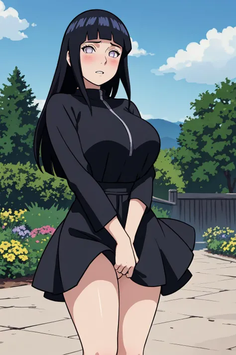 masterpiece, best quality, 1girl, looking at viewer, hinata\(shippuden\), parted lips, wind lift, bottomless, blush, black hair, long hair, white eyes, solid eyes, large breasts, (black dress:1.2), blue sky, clouds, garden, landscape, <lora:Hinata:0.7> <lora:Function_Good.Hands:0.8> <lora:Concept_Wind.Lift:0.8>
