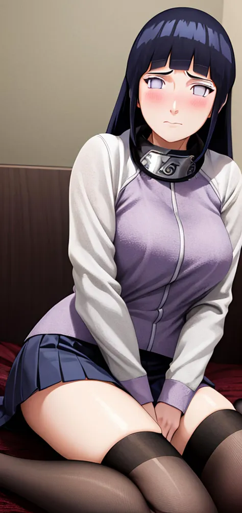 hinata\(shippuden\), headband around neck,konohagakure symbol,fishnets, hinata, closed mouth, excitement, blush, detailed fingers, masterpiece, absurdres, 1girl, solo,wariza, On the bed, skirt, sitting, Erotic lingerie, business suit, short skirt, thigh-high stockings,cutout on the chest, <lora:Hinata[Shippuden][V1]:1>, <lora:add_detail:0.5>,