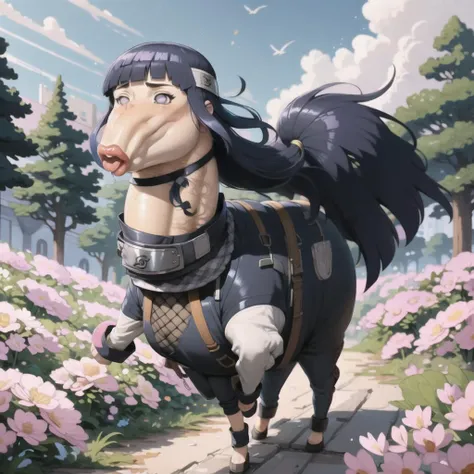 masterpiece, best quality,  hinata\(shippuden\), hooded jacket, headband around neck,konohagakure symbol,fishnets, blue pants, Beautiful Art Style, 1girl, young woman,  tasteful, field of flowers,   <lora:Hinata[Shippuden][V1]:0.6>,  <lora:Stallion-10:1.5>