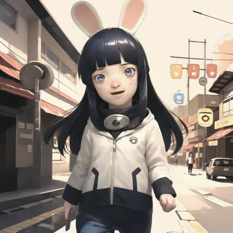 masterpiece, best quality,  hinata\(shippuden\),  Raving Rabbids, hooded jacket, headband around neck,konohagakure symbol,fishnets, blue pants, Beautiful Art Style, 1girl, young woman,  gigantic, mountain,   <lora:Hinata[Shippuden][V1]:0.6>,  <lora:Raving Rabbids:1>