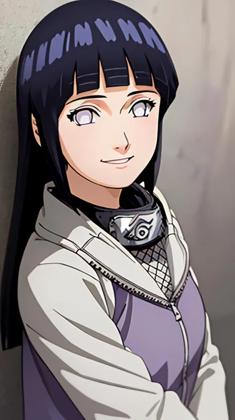 masterpiece, best quality, high res, hinata\(shippuden\), headband around neck,konohagakure symbol,fishnets, hinata, 1girl, portrait, realistic, side lighting, wallpaper, masterpiece, best quality, highres, looking at viewer, Excitement, smile, closed mouth, <lora:Hinata[Shippuden][V1]:1>, <lora:add_detail:0.5>,