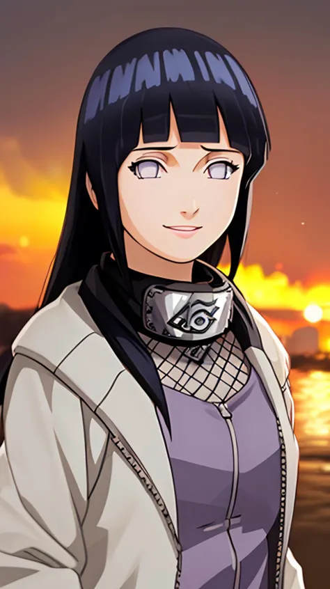 masterpiece, best quality, high res, hinata\(shippuden\), headband around neck,konohagakure symbol,fishnets, hinata, 1girl, portrait, realistic, side lighting, wallpaper, masterpiece, best quality, highres, hm2b,Blue eyes, looking at viewer, smile,   <lora:Hinata[Shippuden][V1]:1>, <lora:add_detail:0.5>,