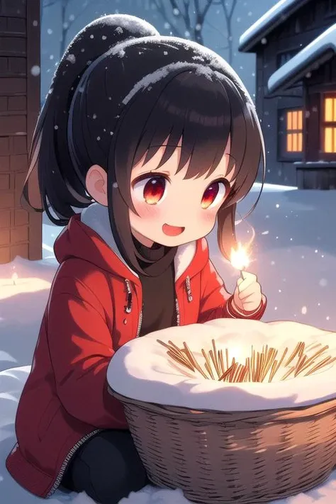 masterpiece,ultra detail,best quality,1girl,petite,black ponytail,blush,evil smile, open mouth,night,<lora:girllikelitmatch:0.7>,outdoor,snow,lit match,red hooded jacket,match,arson,torch,flare,basket,head down,illusion,vision,empty puils,(((countless lit match on snow)))