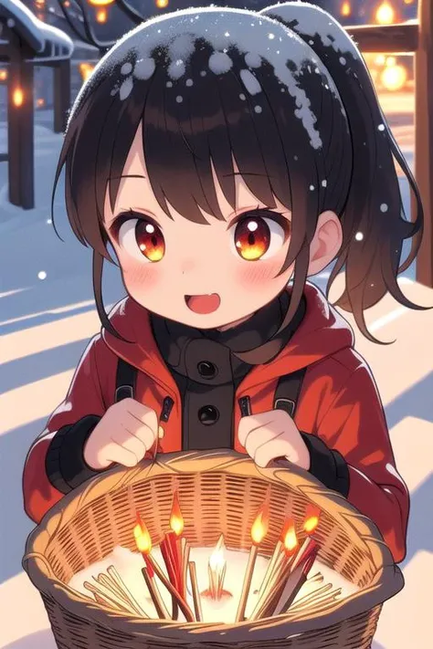 masterpiece,ultra detail,best quality,1girl,petite,black ponytail,blush,evil smile, open mouth,night,<lora:girllikelitmatch:0.7>,outdoor,snow,lit match,red hooded jacket,match,arson,torch,flare,basket,head down,illusion,vision,empty puils,(((countless lit match on snow,flame)))