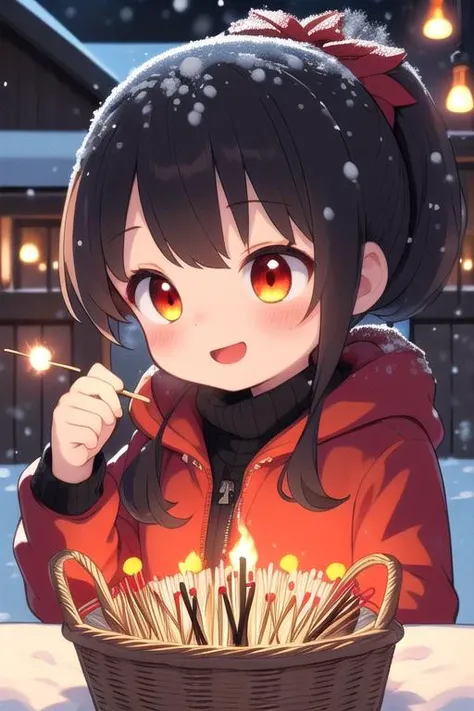 masterpiece,ultra detail,best quality,1girl,petite,black ponytail,blush,evil smile, open mouth,night,<lora:girllikelitmatch:0.7>,outdoor,snow,lit match,red hooded jacket,match,arson,torch,flare,basket,head down,illusion,vision,empty puils,(((countless lit match on snow,flame)))