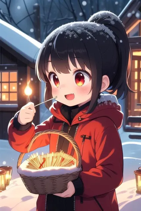 masterpiece,ultra detail,best quality,1girl,petite,black ponytail,blush,evil smile, open mouth,night,<lora:girllikelitmatch:0.7>,outdoor,snow,lit match,red hooded jacket,match,arson,torch,flare,basket,head down,illusion,vision,empty puils,(((countless lit match on snow)))