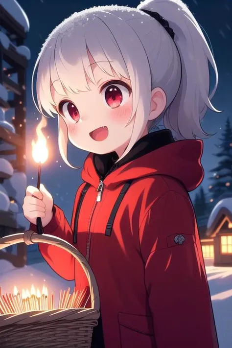 masterpiece,ultra detail,best quality,1girl,petite,black ponytail,blush,evil smile, open mouth,night,<lora:girllikelitmatch:0.7>,outdoor,snow,lit match,red hooded jacket,match,arson,torch,flare,basket,head down,illusion,vision,empty eyes