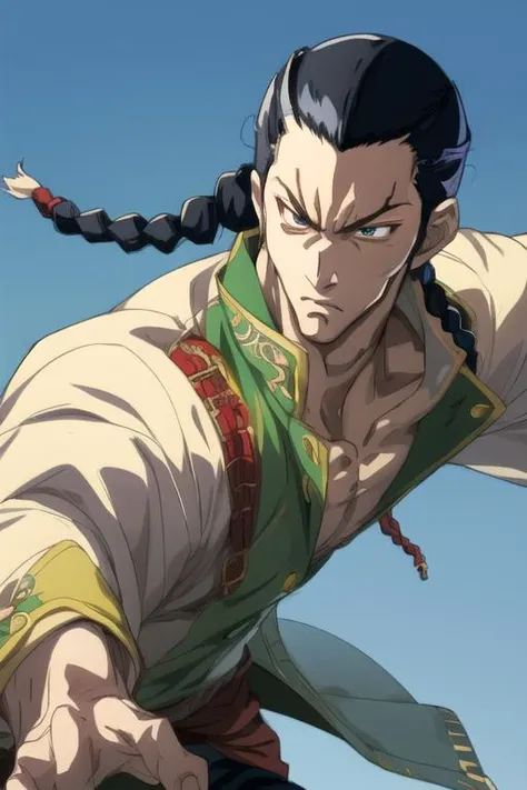 (anime style:1.2), masterpiece, fengwei, 1guy, open eyes, anime eyes, detailed eyes , braided hair <lora:FengWei-000003:1> medium shot, portrait