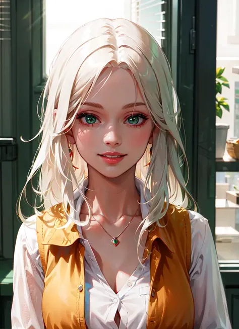 anime style, <lora:liv_moore_offset:0.5>, liv moore, girl, jewelry, necklace, solo, looking at viewer, blonde hair, white hair, blurry, indoors, parted lips, long hair, upper body, realistic, depth of field, blurry background, green eyes, lips, blinds, shirt, vest, smile